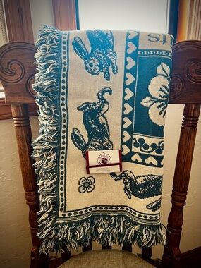 The Rug Barn - Vintage 90s Cotton Reversible Throw Blanket in “Victorian Rabbit”